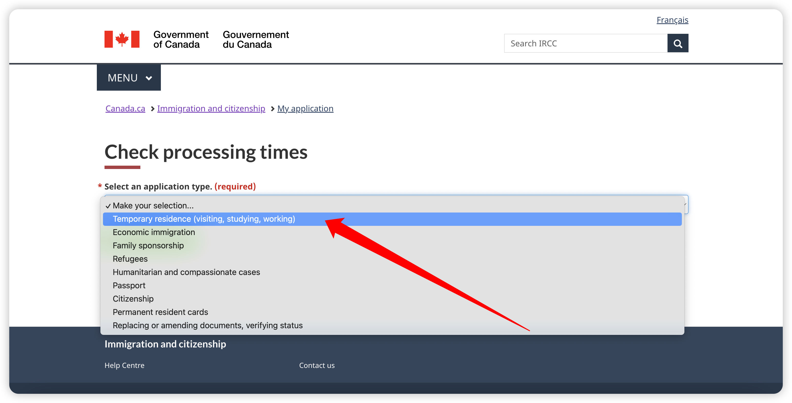 Screenshot of IRCC Process Time Step 1