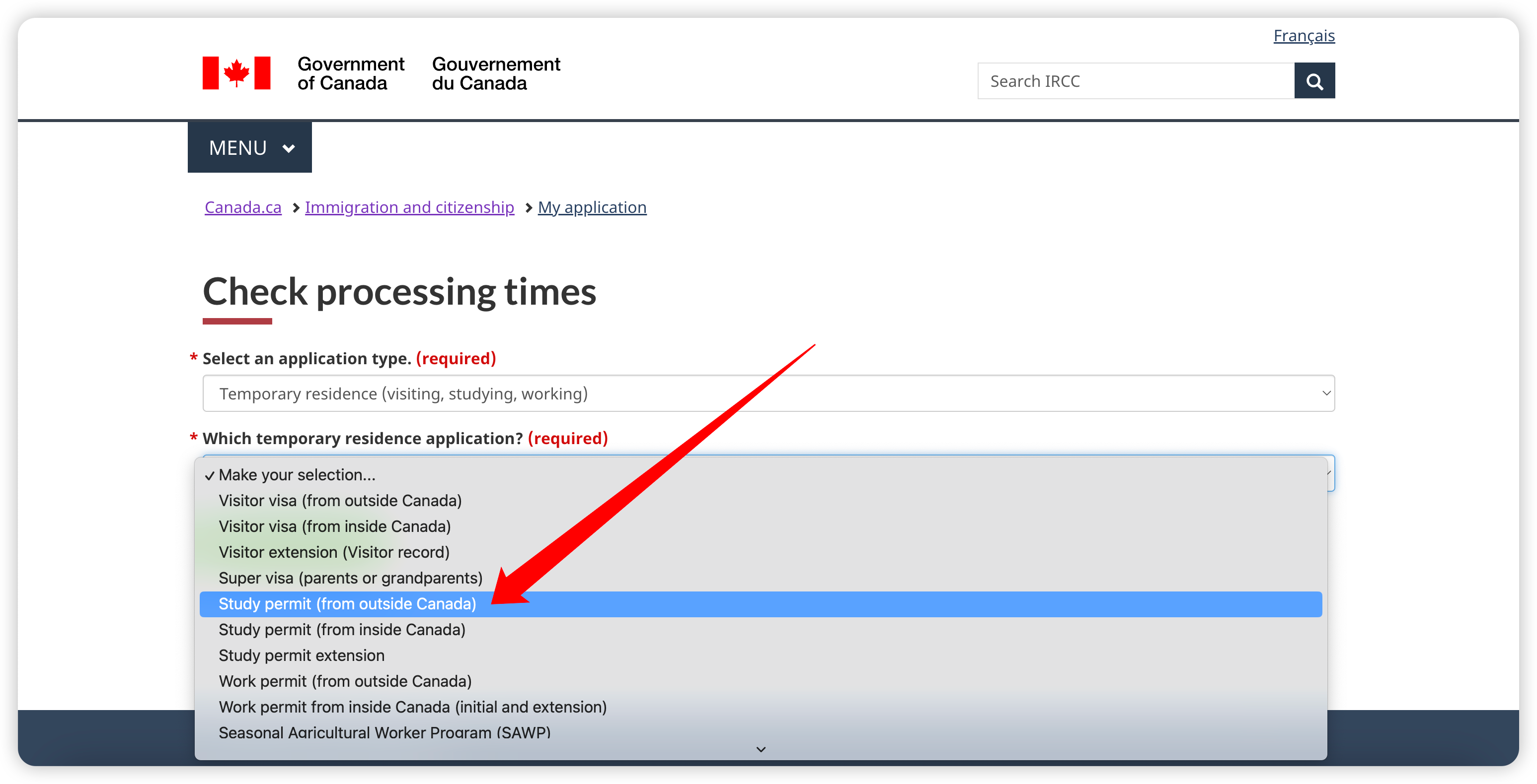 Screenshot of IRCC Process Time Step 2