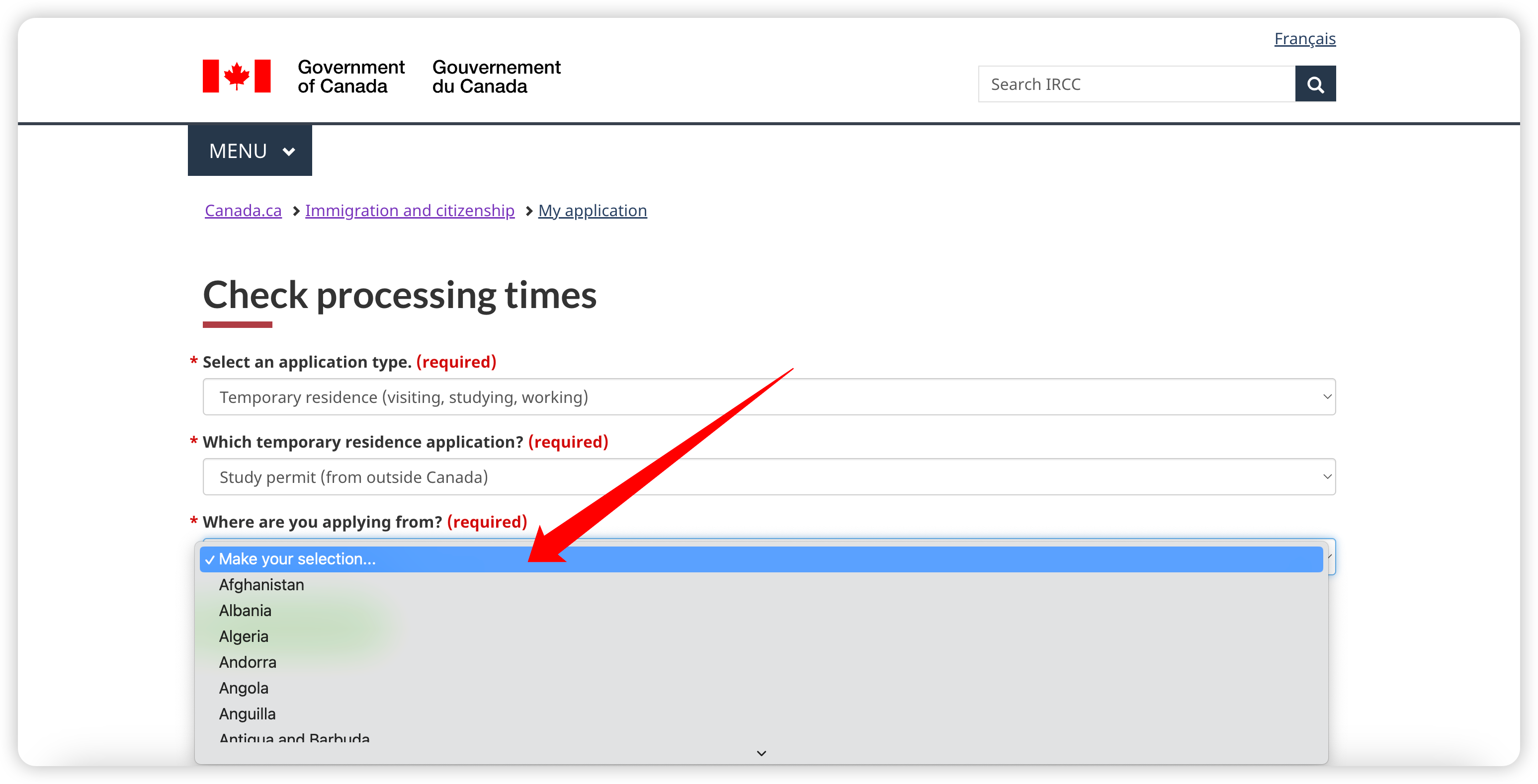 Screenshot of IRCC Process Time Step 3