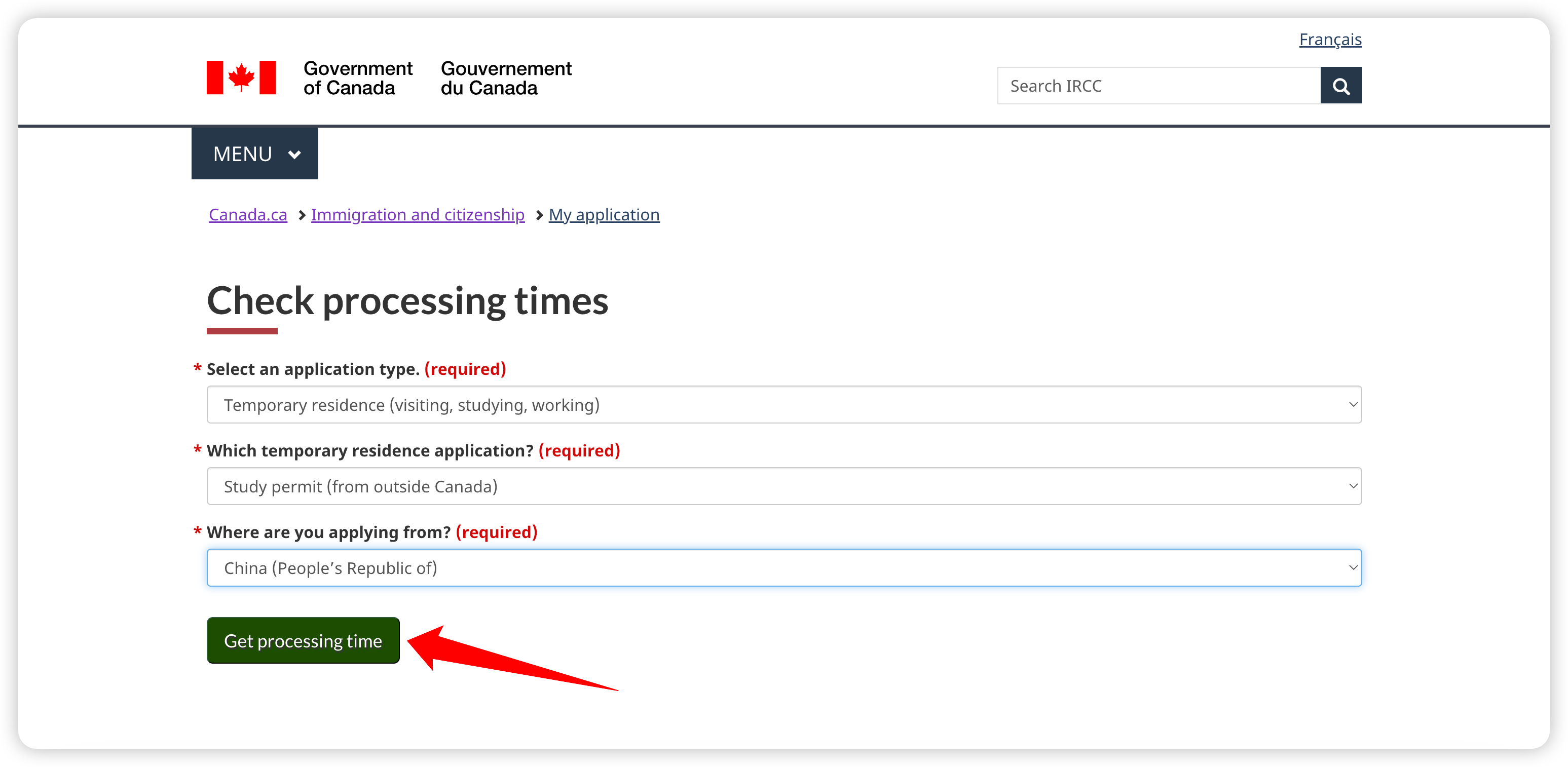Screenshot of IRCC Process Time Step 4